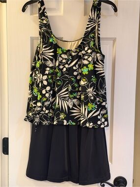 Maxine of Hollywood Black Floral Tank One-Piece Swimsuit with Green Accents